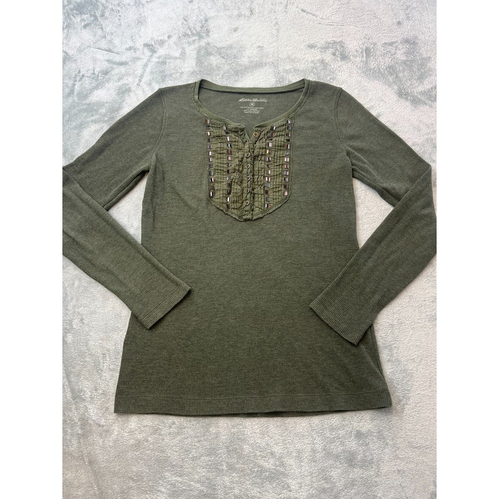 Eddie Bauer Forest Green Henley Sparkle Pleated Ruffle Top Women Medium